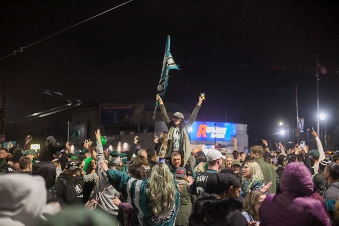 Fans in Northeast Philadelphia flooded Frankford and Cottman Avenue after the Eagles 41-33 win over the New England Patriots to become the 2018 Super Bowl Champions Sunday night. (Brad Larrison for WHYY)