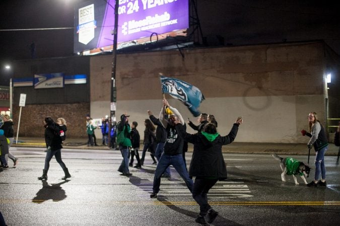 Fans in Northeast Philadelphia flooded Frankford and Cottman Avenue after the Eagles 41-33 win over the New England Patriots to become the 2018 Super Bowl Champions Sunday night. (Brad Larrison for WHYY)