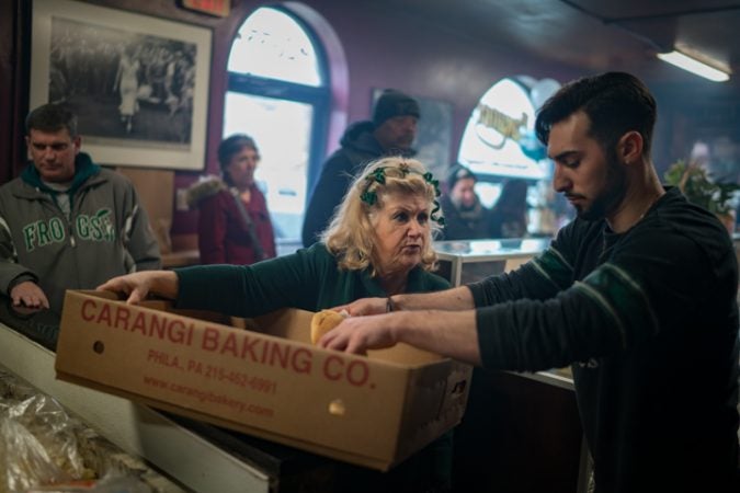 Employees of Carangi Baking Co. & Cafe in South Philadelphia get ready for the Super Bowl on January 4, 2018.