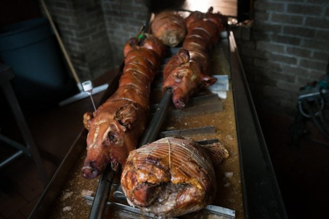 Freshly cooked pork at Esposito’s Porchetta in South Philadelphia before the Super Bowl on January 4, 2018. (Branden Eastwood for WHYY)