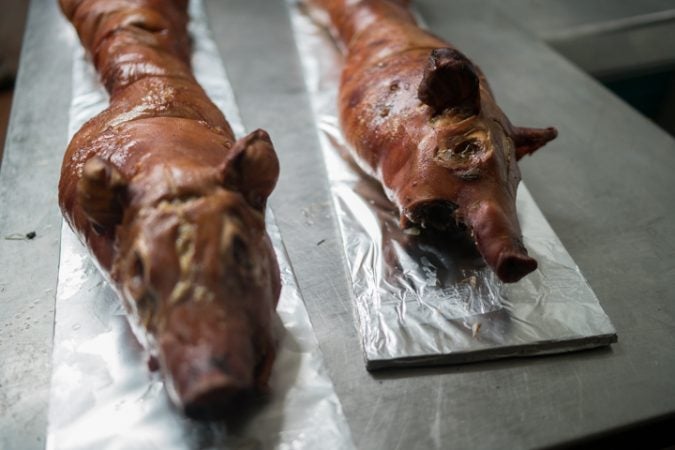 Freshly cooked pork at Esposito’s Porchetta in South Philadelphia before the Super Bowl on January 4, 2018. (Branden Eastwood for WHYY)