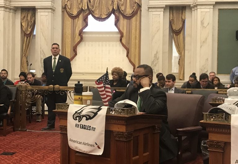 City Councilman Curtis Jones listens to testimony at a hearing on changing the cash bail system. (Bobby Allyn/WHYY)