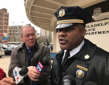 Capt. Sekou Kinebrew, a police spokesman, talks with reporters outside of the Philadelphia Police Department's headquarters about a student who brought a loaded handgun to Fels High School Monday morning.