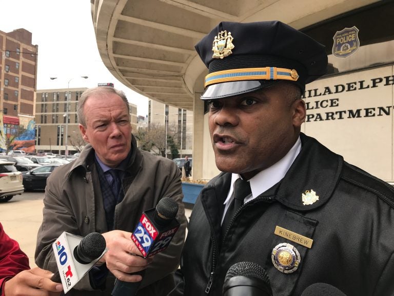 Capt. Sekou Kinebrew, a police spokesman, talks with reporters outside of the Philadelphia Police Department's headquarters about a student who brought a loaded handgun to Fels High School Monday morning.