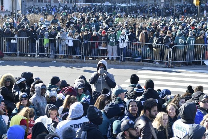 Tens of thousands of Eagles fans gather in Center City to celebrate.