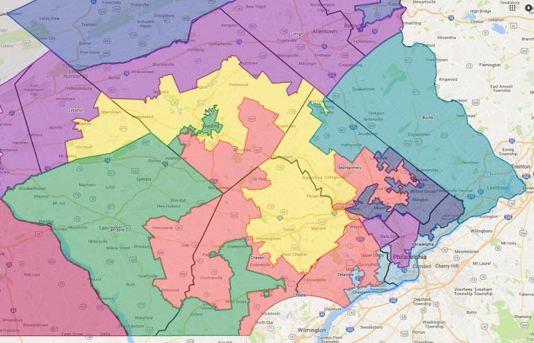 Congressional districts in Southeastern Pennsylvania as they were adopted in 2011 and then ruled unconstitutional by the Pa. Supreme Court in January 2018.  (Google Maps)