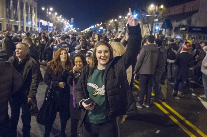 At Broad and South Streets Eagles fans from South Philadelphia head towards City Hall.