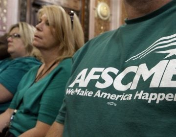 Members of the American Federation of State County and Municipal Employees union, or AFSCME, listen to a council executive speak about conditions at state prisons and detention centers in Illinois.