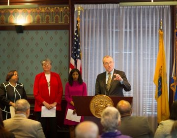 New Jersey Gov. Phil Murphy announces his most recent Cabinet appointments. From left, Zakiya Smith Ellis, who will serve as secretary of higher education; Sue Fulton, who will lead the Motor Vehicle Commission; and Deirdre Webster Cobb, who will serve chair the Civil Service Commission. (Edwin J. Torres/ Governor's Office)