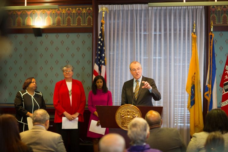 New Jersey Gov. Phil Murphy announces his most recent Cabinet appointments. From left, Zakiya Smith Ellis, who will serve as secretary of higher education; Sue Fulton, who will lead the Motor Vehicle Commission; and Deirdre Webster Cobb, who will serve chair the Civil Service Commission. (Edwin J. Torres/ Governor's Office)