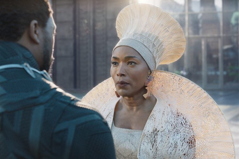 This image released by Disney-Marvel Studios shows Chadwick Boseman and Angela Bassett in a scene from 