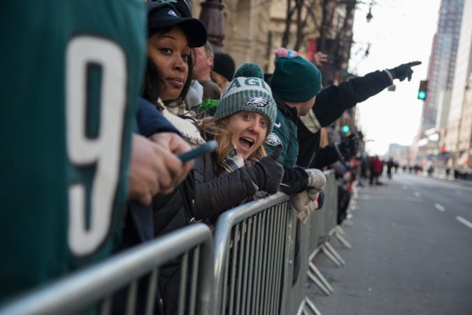 Over a million fans flocked to Center City and stood in the freezing temperatures to cheer on their winning Eagles for the Super Bowl Champions parade in Philadelphia February 8th 2018. (Emily Cohen for WHYY)