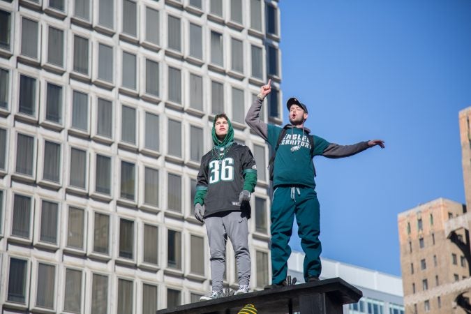 Over a million fans flocked to Center City and stood in the freezing temperatures to cheer on their winning Eagles for the Super Bowl Champions parade in Philadelphia February 8th 2018. (Emily Cohen for WHYY)