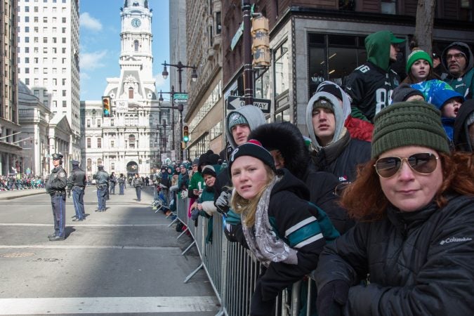 Over a million fans flocked to Center City and stood in the freezing temperatures to cheer on their winning Eagles for the Super Bowl Champions parade in Philadelphia February 8th 2018. (Emily Cohen for WHYY)