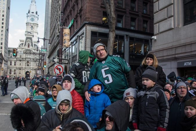 Over a million fans flocked to Center City and stood in the freezing temperatures to cheer on their winning Eagles for the Super Bowl Champions parade in Philadelphia February 8th 2018. (Emily Cohen for WHYY)