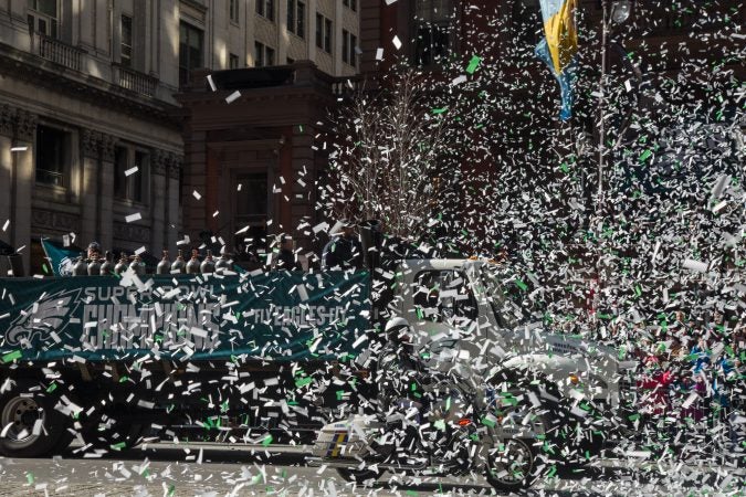 Over a million fans flocked to Center City and stood in the freezing temperatures to cheer on their winning Eagles for the Super Bowl Champions parade in Philadelphia February 8th 2018. (Emily Cohen for WHYY)