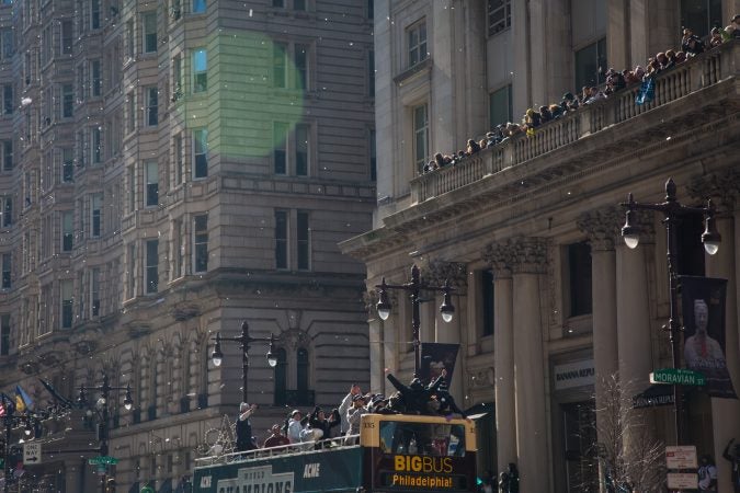 Over a million fans flocked to Center City and stood in the freezing temperatures to cheer on their winning Eagles for the Super Bowl Champions parade in Philadelphia February 8th 2018. (Emily Cohen for WHYY)