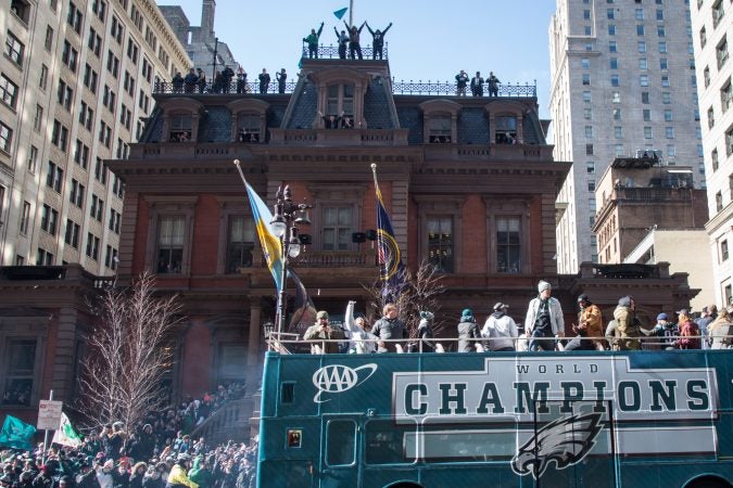 Over a million fans flocked to Center City and stood in the freezing temperatures to cheer on their winning Eagles for the Super Bowl Champions parade in Philadelphia February 8th 2018. (Emily Cohen for WHYY)