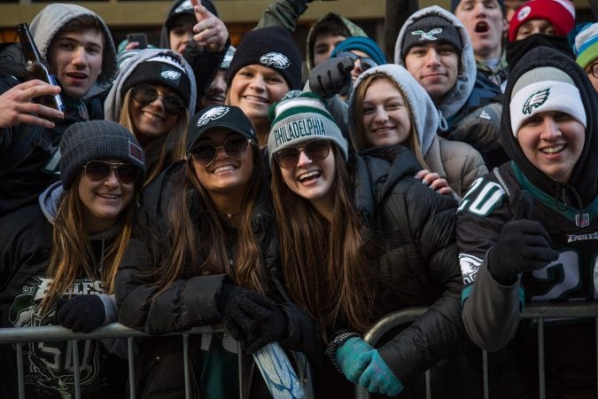 Over a million fans flocked to Center City and stood in the freezing temperatures to cheer on their winning Eagles for the Super Bowl Champions parade in Philadelphia February 8th 2018. (Emily Cohen for WHYY)