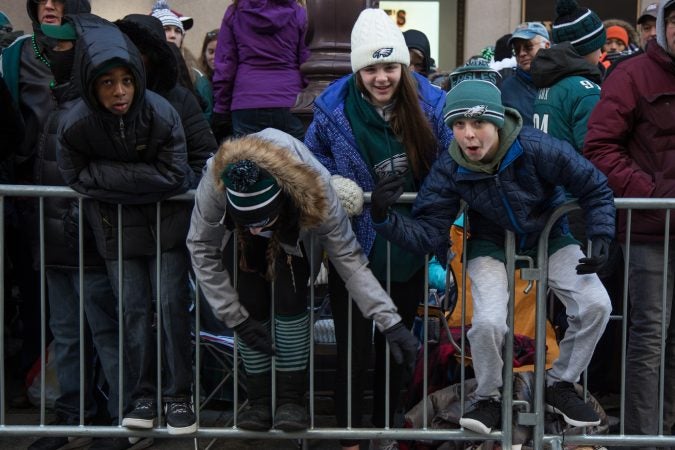 Over a million fans flocked to Center City and stood in the freezing temperatures to cheer on their winning Eagles for the Super Bowl Champions parade in Philadelphia February 8th 2018. (Emily Cohen for WHYY)