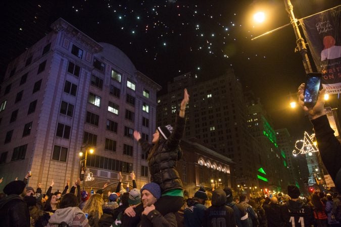 Fans celebrate in the streets of Philadelphia after the Eagles win the Super Bowl, February 4th 2018.