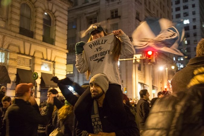 Fans celebrate in the streets of Philadelphia after the Eagles win the Super Bowl, February 4th 2018.