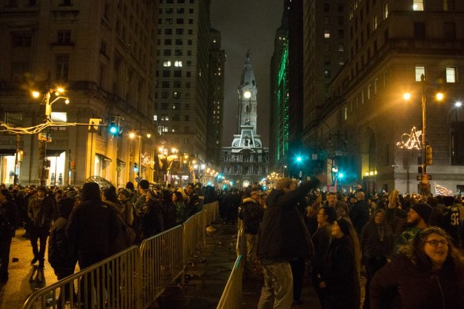 Fans celebrate in the streets of Philadelphia after the Eagles win the Super Bowl, February 4th 2018.