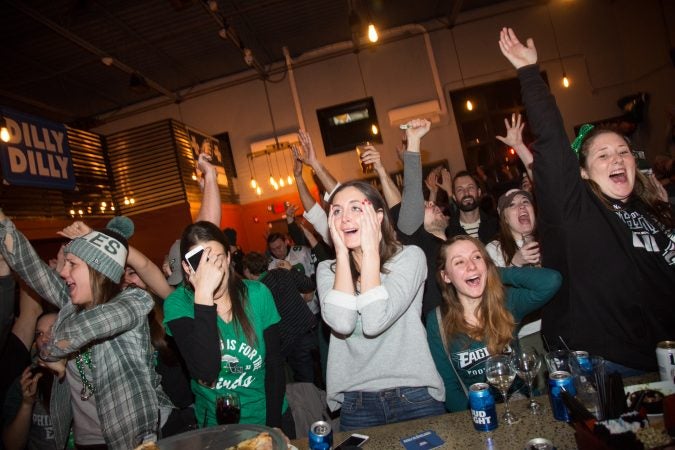 Fans at Chick's bar in South Philadelphia freak out and stress out after the Eagles score during the Super Bowl in Philadelphia February 4th 2018.