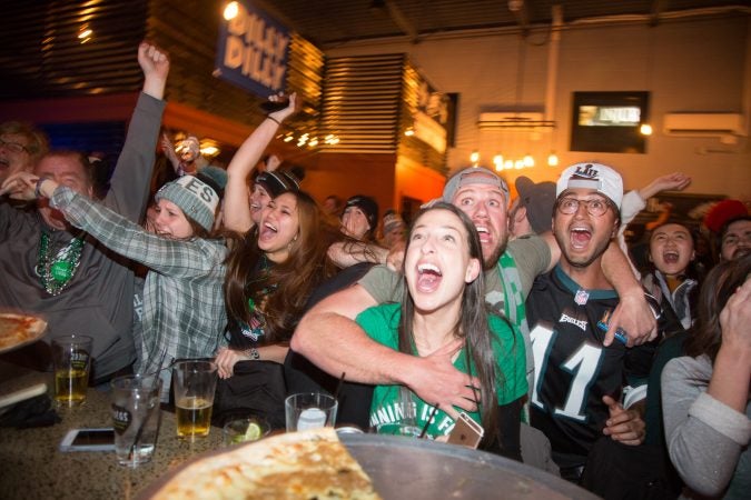 Fans at Chick's bar in South Philadelphia freak out and stress out after the Eagles score during the Super Bowl in Philadelphia February 4th 2018.