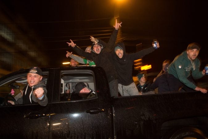 Fans celebrate in the streets of Philadelphia after the Eagles win the Super Bowl, February 4th 2018.