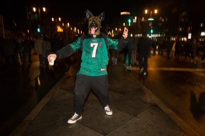 Fans celebrate in the streets of Philadelphia after the Eagles win the Super Bowl, February 4th 2018.