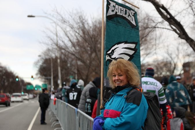 Linda Liszkiewicz from West Chester awaits the Philadelphia Eagles Super Bowl LII Championship parade
