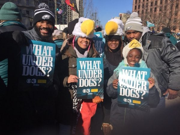 The Wilkins family of Mount Airy, Philadelphia, say they got their Eagles hats at an exclusive location in Bala Cynwyd