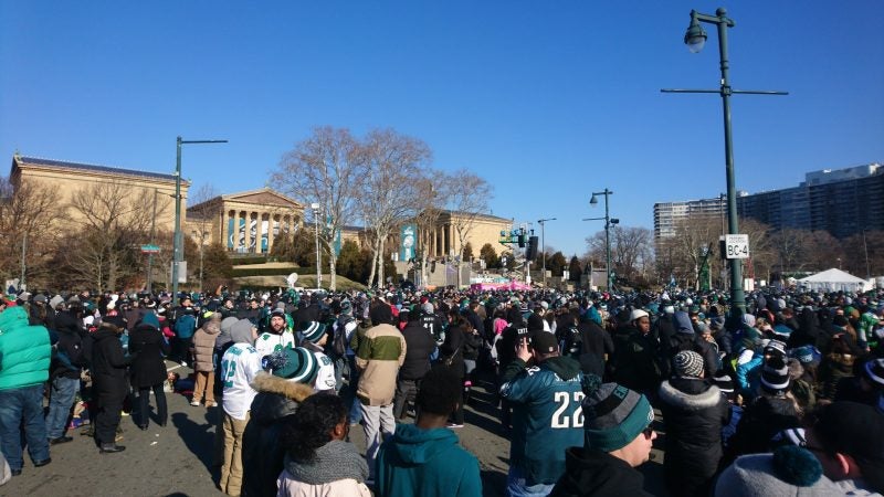 Fans gather near the Philadelphia Museum of Art about an hour before the Eagles Super Bowl Championship parade begins.