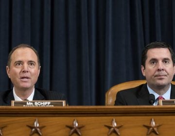 Ranking member Rep. Adam Schiff, D-Calif., questions witnesses as chairman Rep. Devin Nunes, R-Calif., looks on during a House Permanent Select Committee on Intelligence hearing concerning Russian interference in the 2016 presidential election, on Capitol Hill, on March 20, 2017.