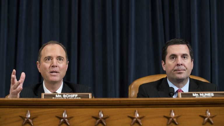 Ranking member Rep. Adam Schiff, D-Calif., questions witnesses as chairman Rep. Devin Nunes, R-Calif., looks on during a House Permanent Select Committee on Intelligence hearing concerning Russian interference in the 2016 presidential election, on Capitol Hill, on March 20, 2017.