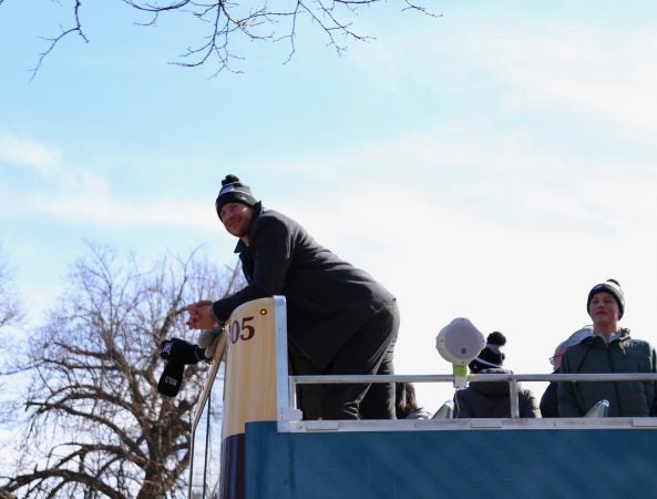 Eagles Quarterback Carson Wentz leads the helm in the Philadelphia Eagles Super Bowl Championship parade on Feb. 8, 2018. (Lindsay Lazarski/WHYY)