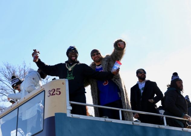 Philadelphia Eagles players (insert names) celebrate on Broad Street during the Super Bowl Championship parade on Feb. 8, 2018.