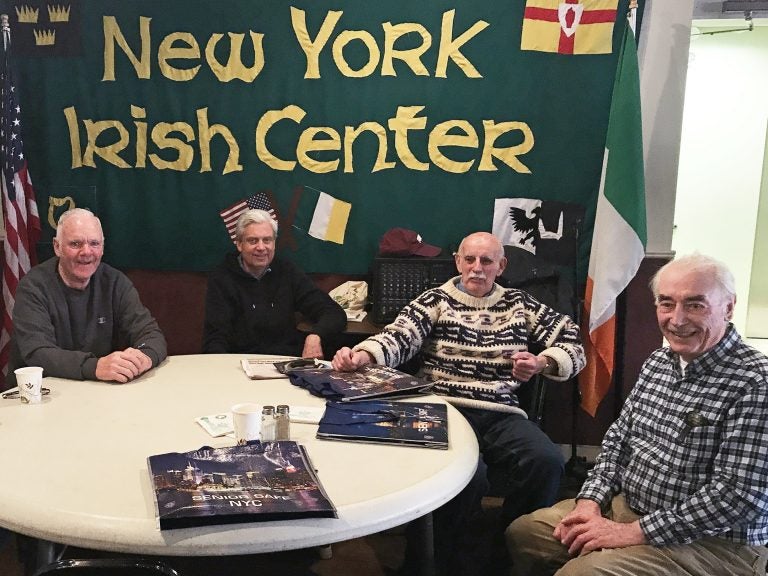 (From left) Tommy Shiels, Dennis Hayden, John Houlihan and Thomas Ring attend the New York Irish Center's weekly luncheon for seniors in Queens, N.Y. Many attendees say they support the 2020 census asking white people about their origins. (Hansi Lo Wang/NPR)