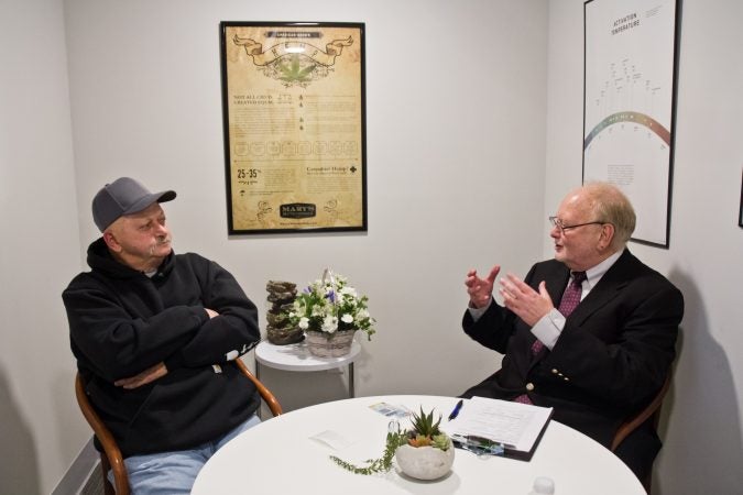 Robert Brown, a cancer patient, meets with Dr. Van De Beek at the Keystone Shops. (Kimberly Paynter/WHYY)