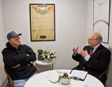 Robert Brown, a cancer patient, meets with Dr. Van De Beek at the Keystone Shops. (Kimberly Paynter/WHYY)