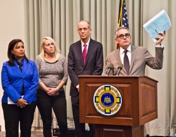 (From right) Philadelphia District Attorney Larry Krasner, Philadelphia Department of Health commissioner Dr. Tom Farley, AIM’s Carol Rostucher, and 7th District City Councilwoman Maria Quiñones-Sanchez. (Kimberly Paynter/WHYY)
