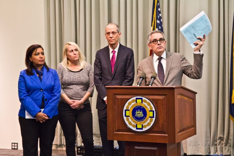 (From right) Philadelphia District Attorney Larry Krasner, Philadelphia Department of Health commissioner Dr. Tom Farley, AIM’s Carol Rostucher, and 7th District City Councilwoman Maria Quiñones-Sanchez. (Kimberly Paynter/WHYY)
