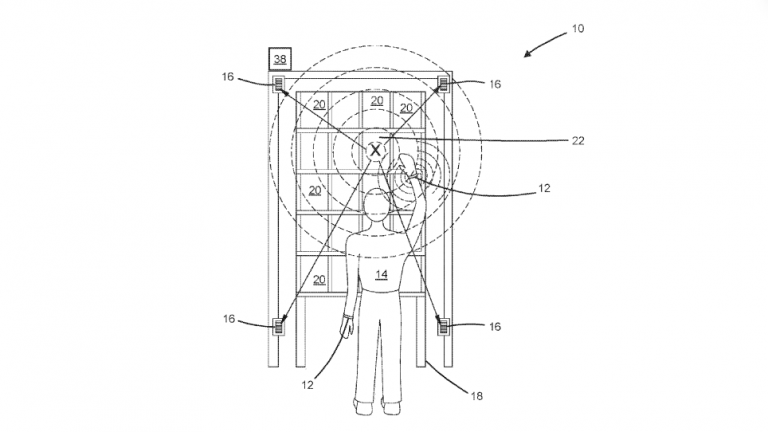 A diagram from an Amazon patent application shows a human worker (labeled with 