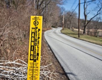 A sign marks the path of the Mariner East 1 pipeline through Chester County. (Kim Paynter/WHYY)