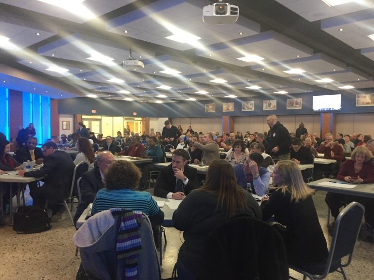 More than 250 people attended a meeting in Dover on Wednesday night to hear and views about a proposed policy to protect the rights of transgender and other students. (Cris Barrish/WHYY)