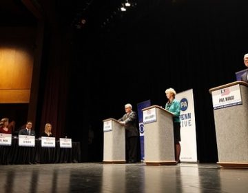 The three GOP gubernatorial hopefuls participated in a live, hourlong debate at Harrisburg Area Community College, moderated by Harrisburg journalists. (Chris Knight/AP Photo)