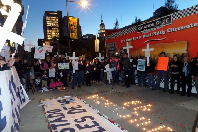 Protesters demonstrate outside of the Mexican Consulate on Independence Mall in Philadelphia on Nov 10, 2014