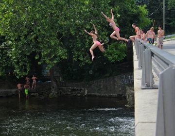 Teenagers take turns jumping into the Musconetcong river just below the Asbury Mill Dam. (Emma Lee/WHYY)