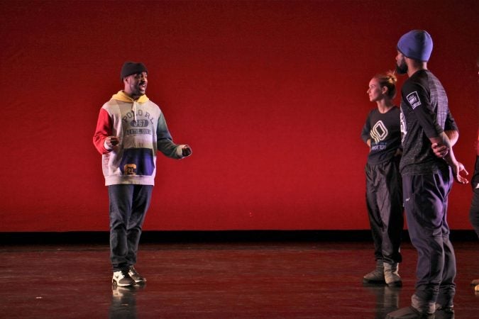 Choreographer Darrell Grand Moultrie works with BalletX dancers during a rehearsal at the Wilma Theater. (Emma Lee/WHYY)